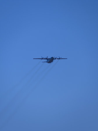 Russia, St. Petersburg - June 24, 2020: Russian military an-12 plane of the Russian Air Force in flight at the Victory Parade in World War II.のeditorial素材