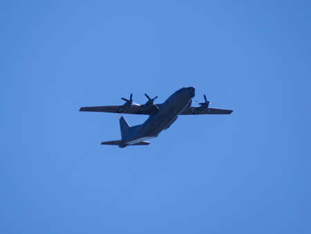 Russia, St. Petersburg - June 24, 2020: Russian military an-12 plane of the Russian Air Force in flight at the Victory Parade in World War II.のeditorial素材