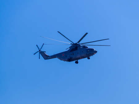 Russia, St. Petersburg - June 24, 2020: Russian transport helicopter Mil Mi-26 RF-06805 of the Russian Air Force in flight at Parade of Victory in World War II.のeditorial素材