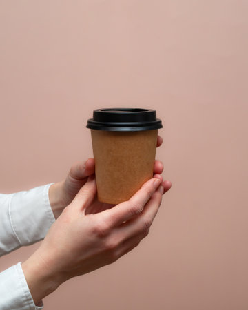 Woman hands hold paper cup on pink background. Copy space.の写真素材