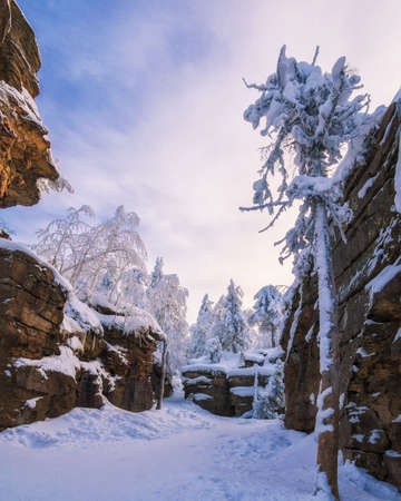 Beautiful bizarre rocks in the famouse place "Stone city" in the Perm region, Middle Ural mountains, Russiaの写真素材