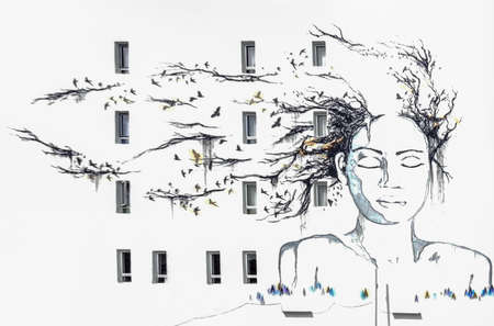 PENANG, MALAYSIA-2014-01-08: "Women on the wall" Painted wall mural by local Artist in Georgetown, Penang Malaysia.のeditorial素材