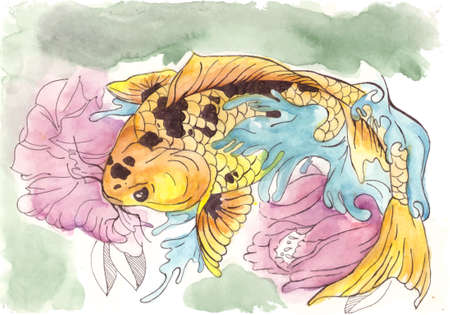 Goldfish in pink lilies. watercolor illustration. Artistic fish characters. Marine under water life.の写真素材