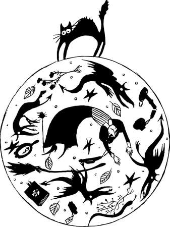 Vector hand drawing monochrome. Black cat witch and witch attributesのイラスト素材