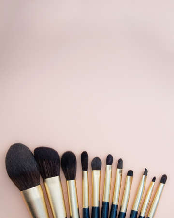 Assortment of female make-up of various face brushes. A set of professional dark blue and golden makeup brushes on a pink background. photoの写真素材