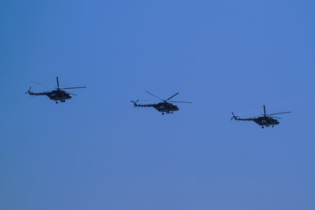 Russia, St. Petersburg - June 24, 2020: Russian military helicopters Mi-8 of the Russian Air Force in flight at the Victory Parade in World War II. photoのeditorial素材