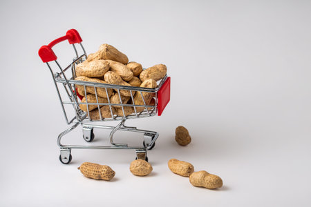 Peanuts in a nutshell in a shopping cart on a white background. photoの写真素材