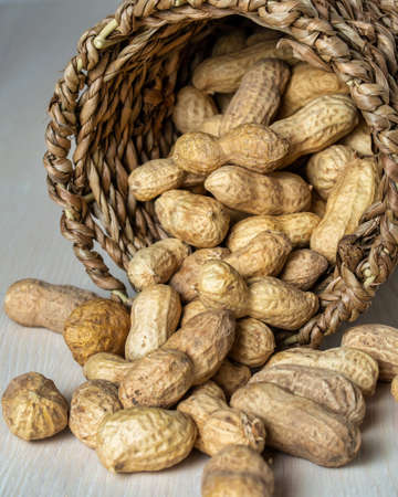 Shelled peanuts in a small wicker basket on a white background. Peanuts full from a wicker basket. Peanuts spill out of a wicker basket. photoの写真素材