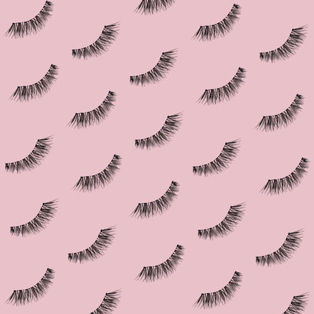 Fake eyelashes on pastel pink background. beauty concept. makeup cosmetics. Top view, flat lay. Layout. Place for text and design. web banner. Minimal styleの写真素材