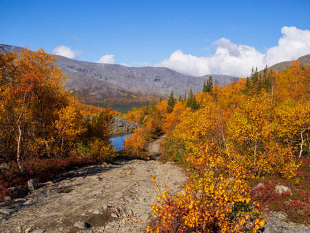 Dirt gravel road with mountains in the background. Autumn mountains of Khibiny. photoの写真素材
