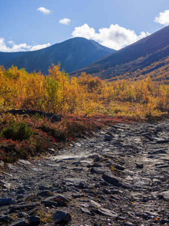 Dirt gravel road with mountains in the background. Autumn mountains of Khibiny. photoの写真素材