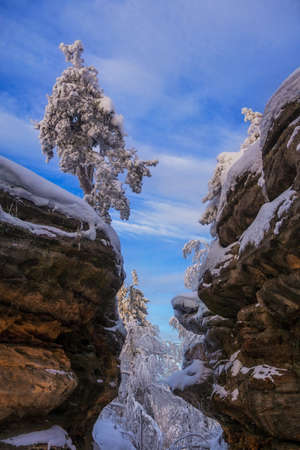 Beautiful bizarre rocks in the famouse place Stone city in the Perm region, Middle Ural mountains, Russiaの写真素材