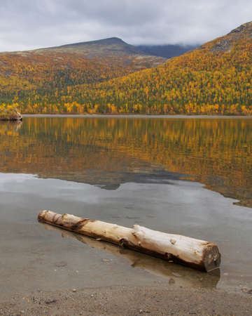 Lake with turquoise water in the mountains in autumn on a cloudy day. view from above. photoの写真素材