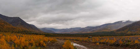 Autumn colorful tundra on the background mountain peaks in cloudy weather. Mountain landscape in Kola Peninsula, Arctic, Khibiny Mountains. photoの写真素材