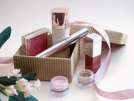 a set of cosmetics for a female face and eye makeup in a brown craft box on a pink background. photoの写真素材