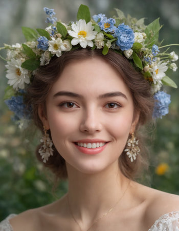 Portrait of a smiling beautiful young woman with a wreath of flowers on her headの素材