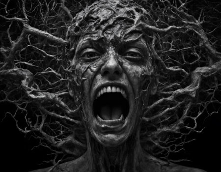 a screaming man is entwined in branches, his face full of horror and pain. mental disorders conceptの素材