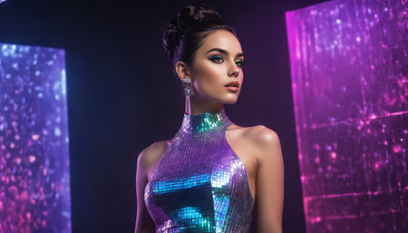 Beautiful European woman in a shiny holographic dress. night lifeの素材
