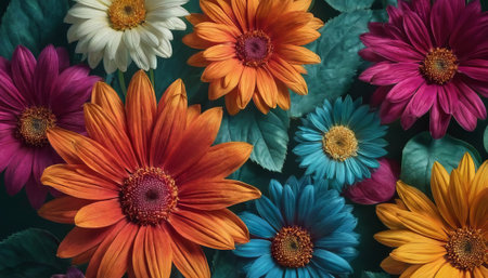 Multi-colored flowers and leaves. botanical wallpaperの素材
