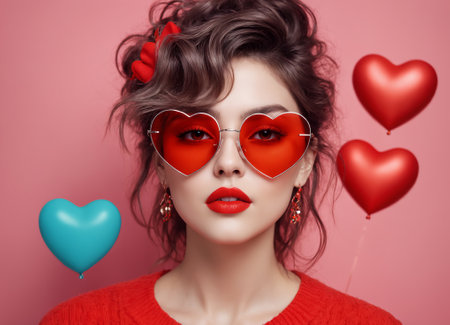 Portrait of a European beautiful young woman wearing red heart glassesの素材