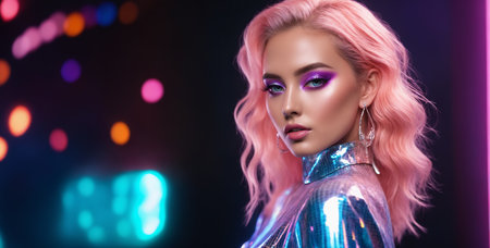 Beautiful European woman in a shiny holographic dress. night lifeの素材