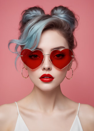 Portrait of a European beautiful young woman wearing red heart glassesの素材