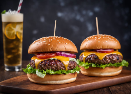 two burgers with tomatoes and cheese are on a wooden boardの素材