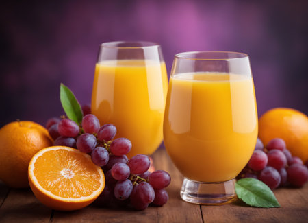 A glass of orange juice surrounded by fruit. Morning mood.の素材