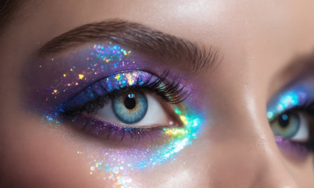 Closeup of womans eyes with beautiful holographic glitter makeupの素材