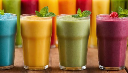 A vibrant collection of different flavored fruit smoothies garnished with fresh mint leaves. Each glass showcases a rich and appetizing color representing the fresh ingredients blended to perfection. Ideal for a healthy and refreshing treat.の素材