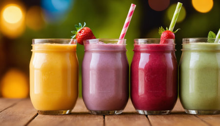 A vibrant collection of different flavored fruit smoothies garnished with fresh mint leaves. Each glass showcases a rich and appetizing color representing the fresh ingredients blended to perfection. Ideal for a healthy and refreshing treat.の素材