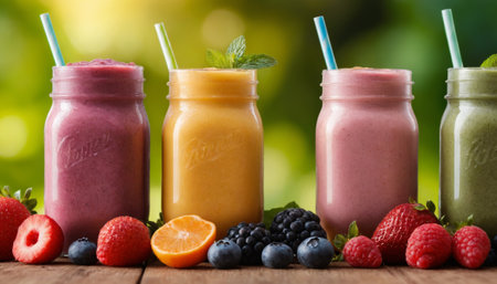 A vibrant collection of different flavored fruit smoothies garnished with fresh mint leaves. Each glass showcases a rich and appetizing color representing the fresh ingredients blended to perfection. Ideal for a healthy and refreshing treat.の素材
