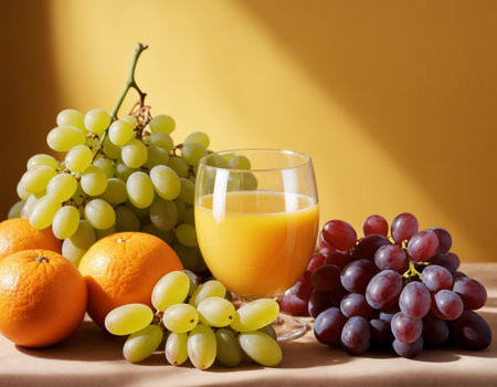 The image displays a delicious and refreshing beverage of freshly squeezed orange juice, served in a clear glass. The juice is accompanied by a basket of fresh fruits, including grapes and oranges, both whole and sliced.の素材