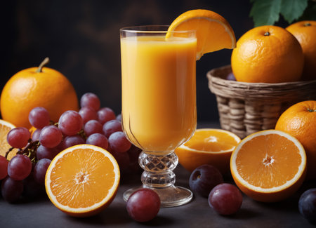 The image displays a delicious and refreshing beverage of freshly squeezed orange juice, served in a clear glass. The juice is accompanied by a basket of fresh fruits, including grapes and oranges, both whole and sliced.の素材