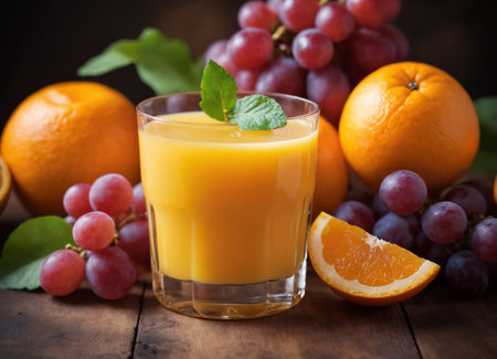 The image displays a delicious and refreshing beverage of freshly squeezed orange juice, served in a clear glass. The juice is accompanied by a basket of fresh fruits, including grapes and oranges, both whole and sliced.の素材