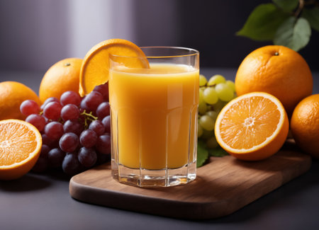 The image displays a delicious and refreshing beverage of freshly squeezed orange juice, served in a clear glass. The juice is accompanied by a basket of fresh fruits, including grapes and oranges, both whole and sliced.の素材