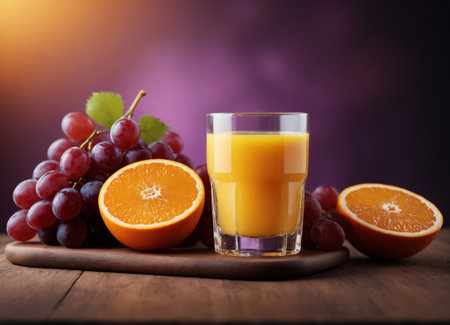 The image displays a delicious and refreshing beverage of freshly squeezed orange juice, served in a clear glass. The juice is accompanied by a basket of fresh fruits, including grapes and oranges, both whole and sliced.の素材