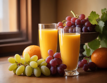 The image displays a delicious and refreshing beverage of freshly squeezed orange juice, served in a clear glass. The juice is accompanied by a basket of fresh fruits, including grapes and oranges, both whole and sliced.の素材