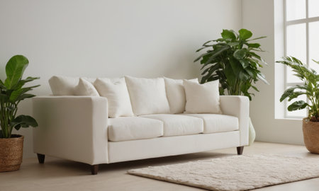 A pristine white sofa adorned with plush cushions sits gracefully in a well-lit living room. Surrounded by luscious indoor plants and resting on a textured rug - it epitomizes modern comfort and style. Ideal for showcasing the allure of minimalist interior designs.の素材