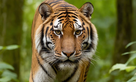 A powerful tiger with striking stripes roams majestically through a lush forest. The greenery accentuates the tiger's vibrant colors and marks a serene yet wild atmosphere. Ideal for wildlife enthusiasts and nature explorations.の素材