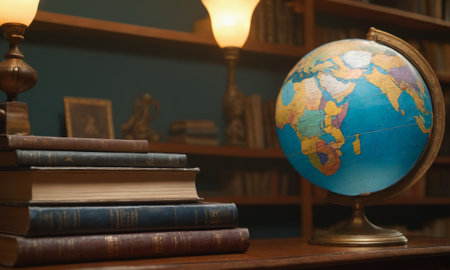 A serene setting featuring a collection of vintage books and a colorful globe. The image evokes a sense of quiet contemplation and the pursuit of knowledge. Ideal for themes related to reading and education.の素材