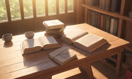 A serene setting featuring a stack of classic literature and an open book illuminated by the warm glow of a vintage lamp. A pair of reading glasses rests atop the pile. The scene evokes a quiet and cozy atmosphere for an evening of reading.の素材