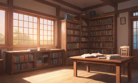 A serene setting featuring a stack of classic literature and an open book illuminated by the warm glow of a vintage lamp. A pair of reading glasses rests atop the pile. The scene evokes a quiet and cozy atmosphere for an evening of reading.の素材