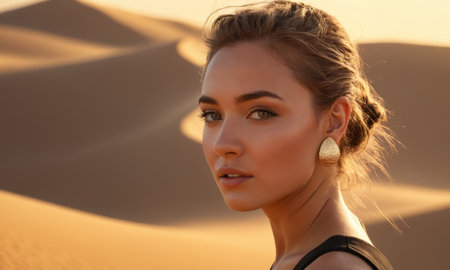 A person stands amidst the rolling sand dunes bathed in the warm glow of the golden hour. The tranquil and expansive desert landscape exudes a sense of peace and solitudeの素材