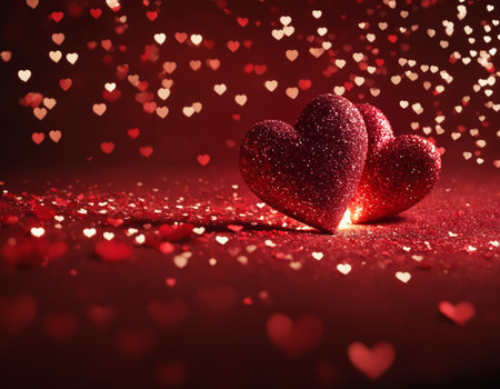 Glistening hearts rest amidst a shower of smaller heart shapes. The radiant glow and the deep red hue evoke a sense of warmth and affection. Ideal for expressing love and romance.の素材