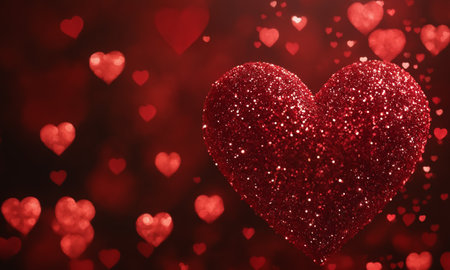 Glistening hearts rest amidst a shower of smaller heart shapes. The radiant glow and the deep red hue evoke a sense of warmth and affection. Ideal for expressing love and romance.の素材