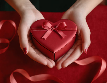 A pair of elegant hands gracefully hold a heart-shaped gift box adorned with a delicate red ribbon. The image evokes a sense of love and affection and is perfect for occasions like Valentine's Day or anniversaries.の素材