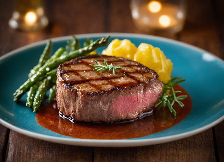 A grilled steak with grill marks is on a blue plate, accompanied by green asparagus and yellow mashed potatoes. The steak is garnished with herbs, and the plate sits on a wooden table, illuminated warmly.の素材