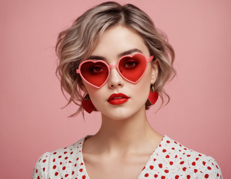 Portrait of a European beautiful young woman wearing red heart glasses.の素材