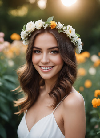 Portrait of a smiling beautiful young woman with a wreath of flowers on her head.の素材